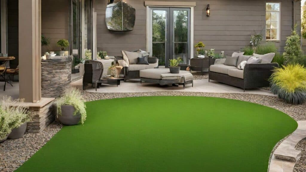 Patio with artificial grass and stone border