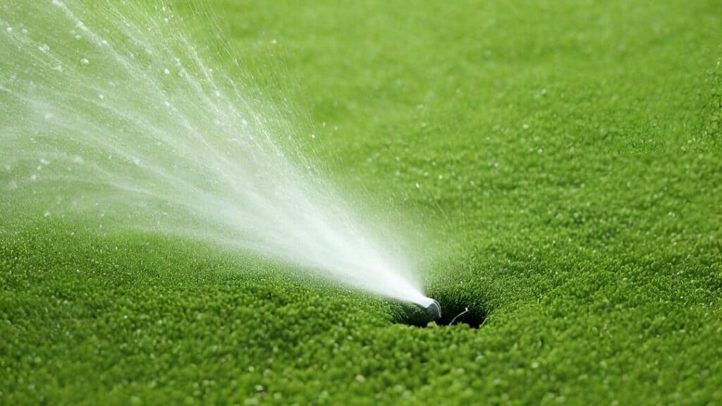 Water spray on artificial grass