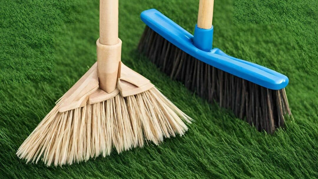 Brooms on artificial turf - plastic and natural bristles