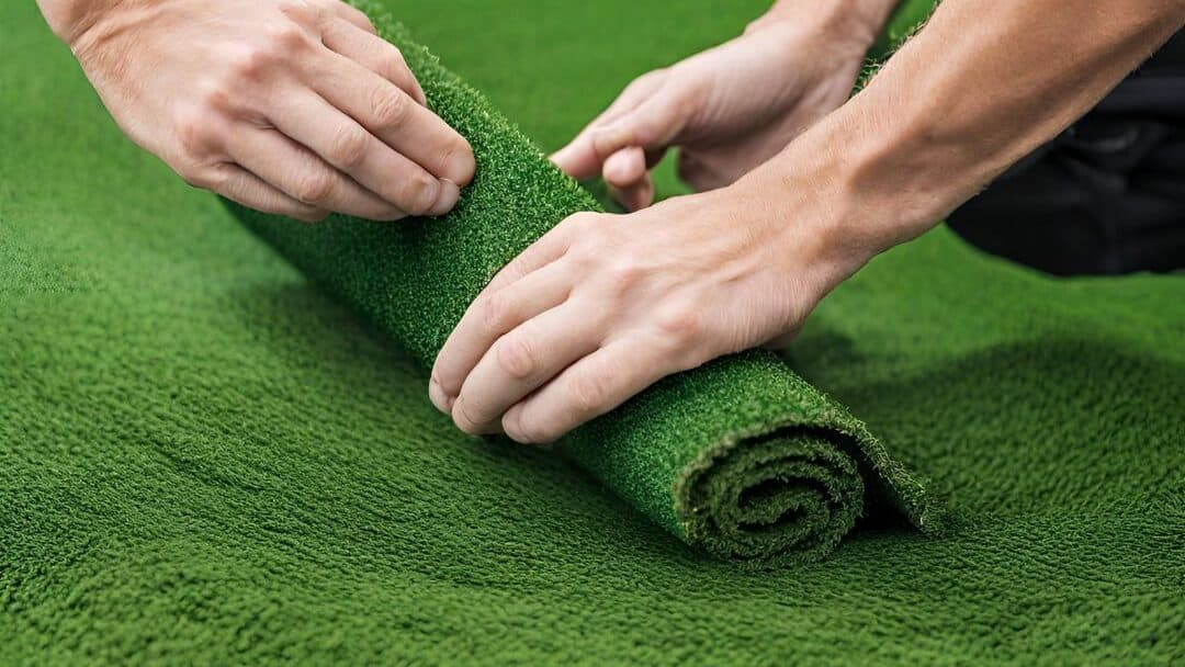 Hands rolling out artificial turf