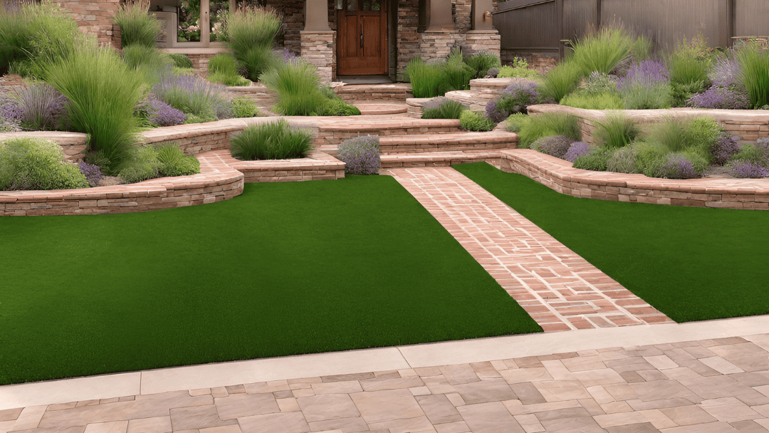 Traditional design with polyethylene grass and brick pavers