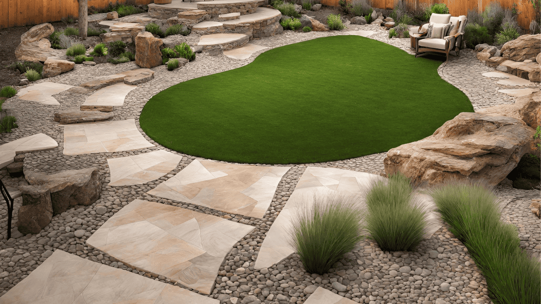 Rustic design with polypropylene grass and natural stone pavers