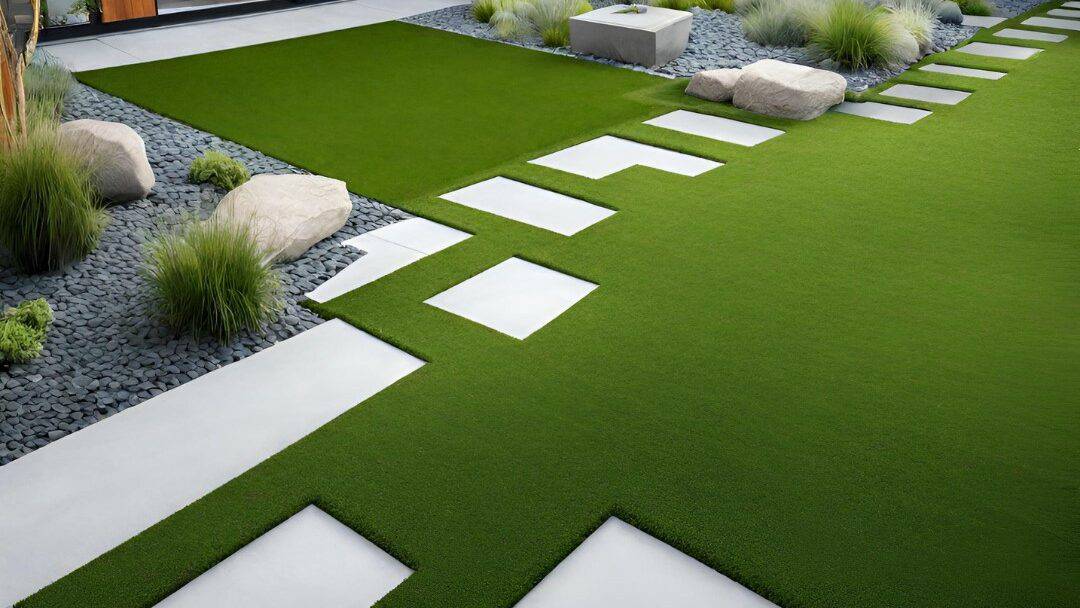 Modern design with nylon grass and concrete pavers