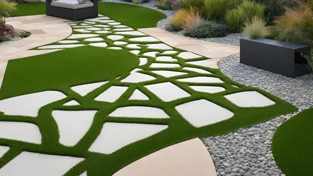 Artificial grass installed around pavers with pebble border