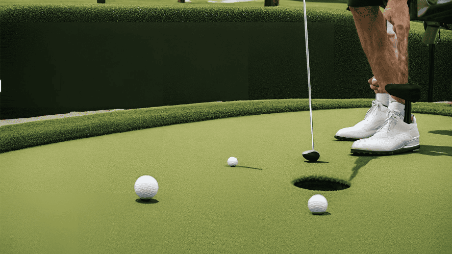 Golfer putting on artificial turf putting green with multiple golf balls