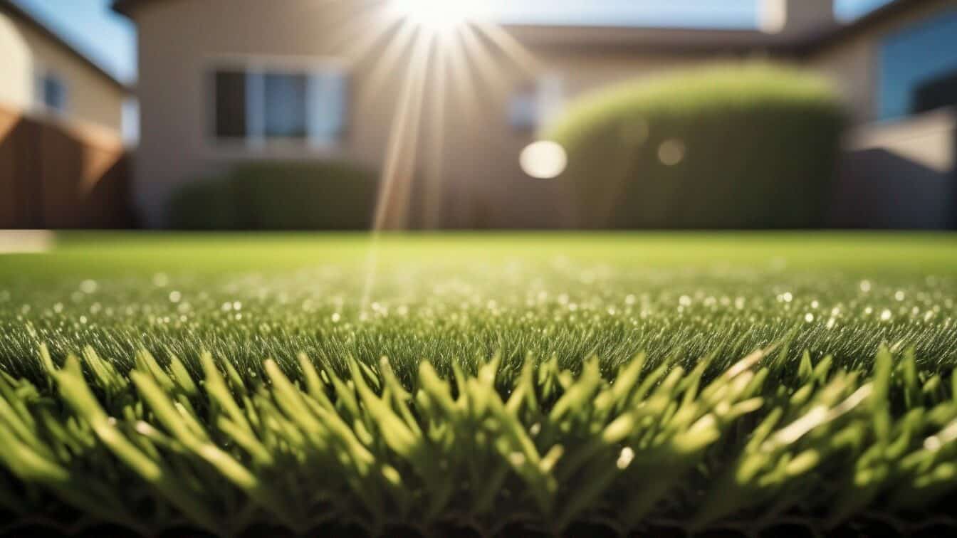Sun shining on artificial grass at residential property