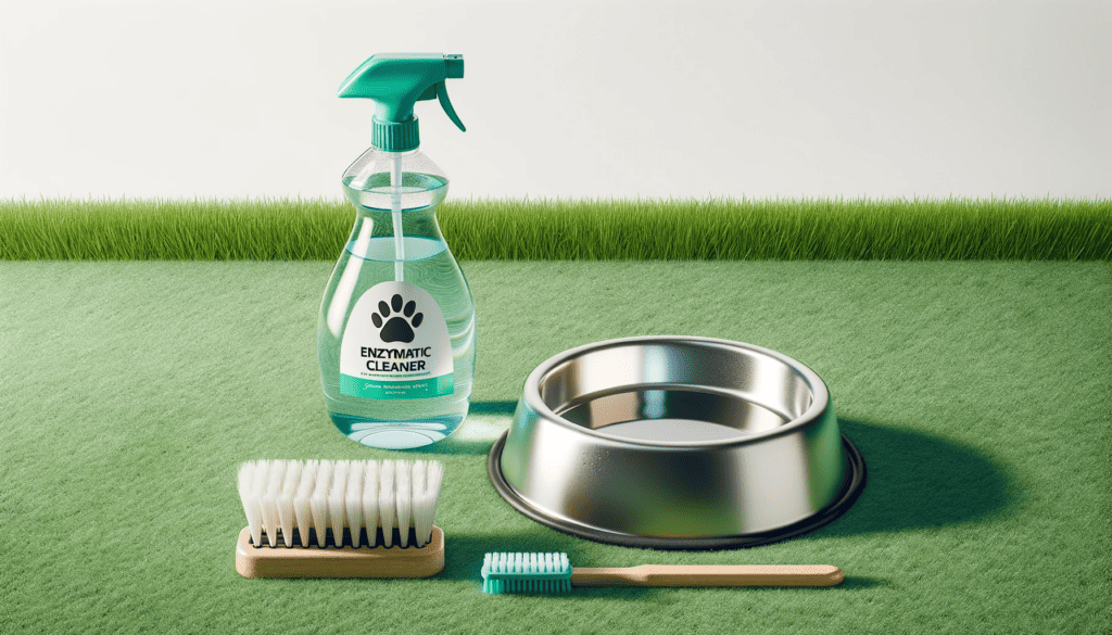 Enzyme cleaner, dog bowl and scrubbing brush on artificial grass
