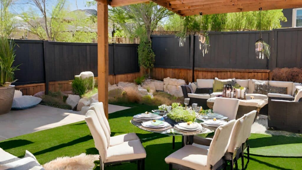 Outdoor dining area on artificial grass under pergola.