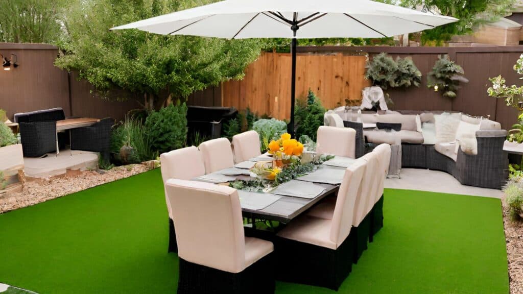 Outdoor dining area on artificial grass