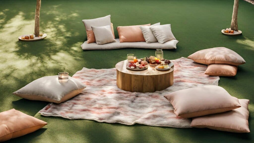 Picnic blanket and cushions on artificial grass,