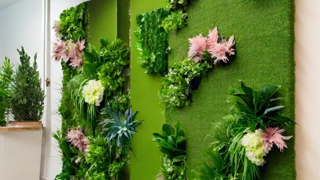 Vertical wall made with artificial grass and plants