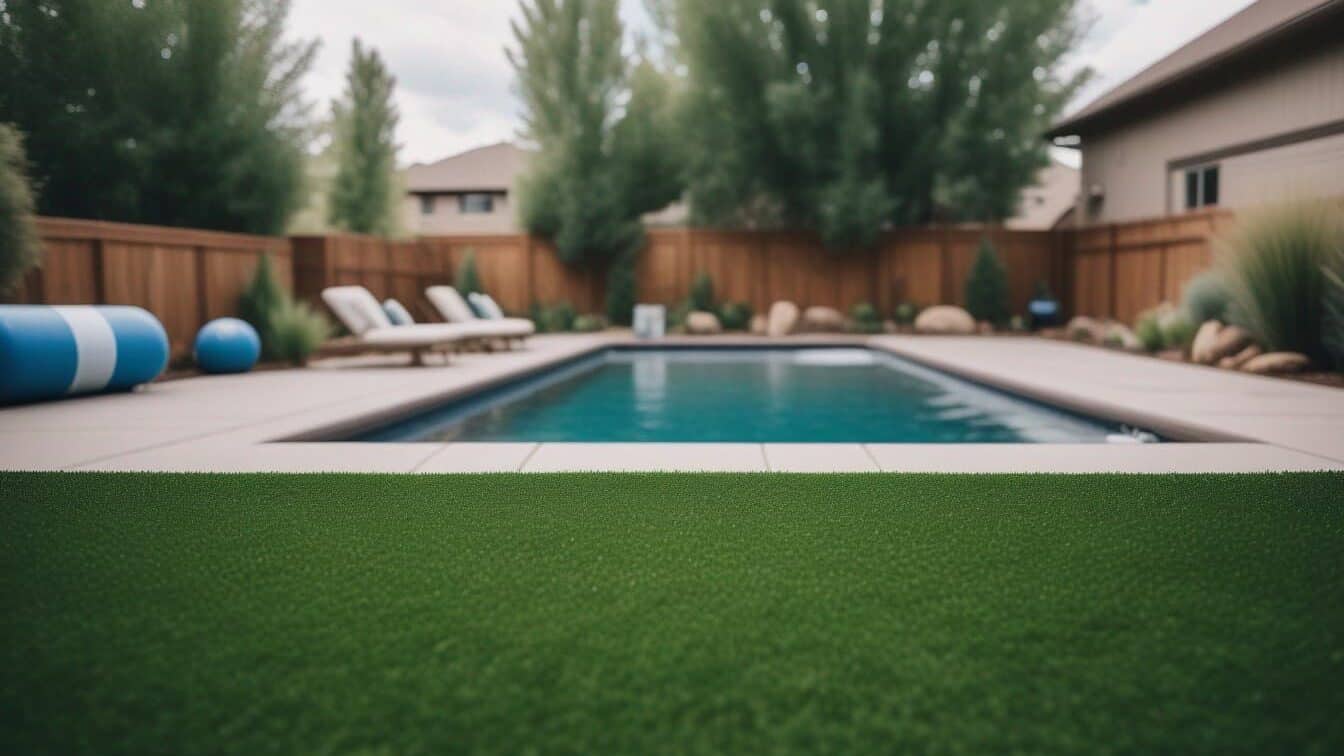 Artificial grass around paved pool area with sunloungers.