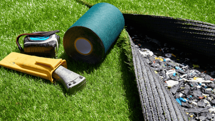 Installation tools lying on artificial turf