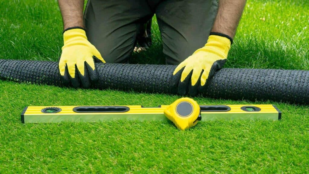 Installer rolling out artificial turf with spirit level and measuring tape lying on turf